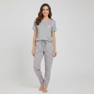 Bayan Gri Kalp Desenli Pijama Takımı