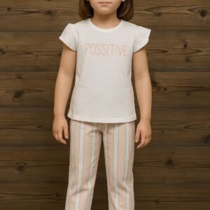 Kız Çocuk Beyaz Kahve Çizgili Pijama Takımı