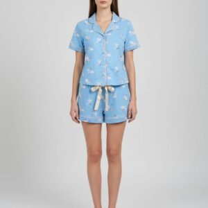 Bayan Mavi Düğmeli Şortlu Pijama Takım