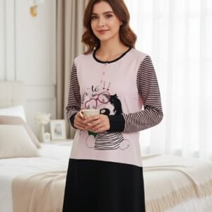 Bayan Pembe Siyah Uzun Kol Elbise